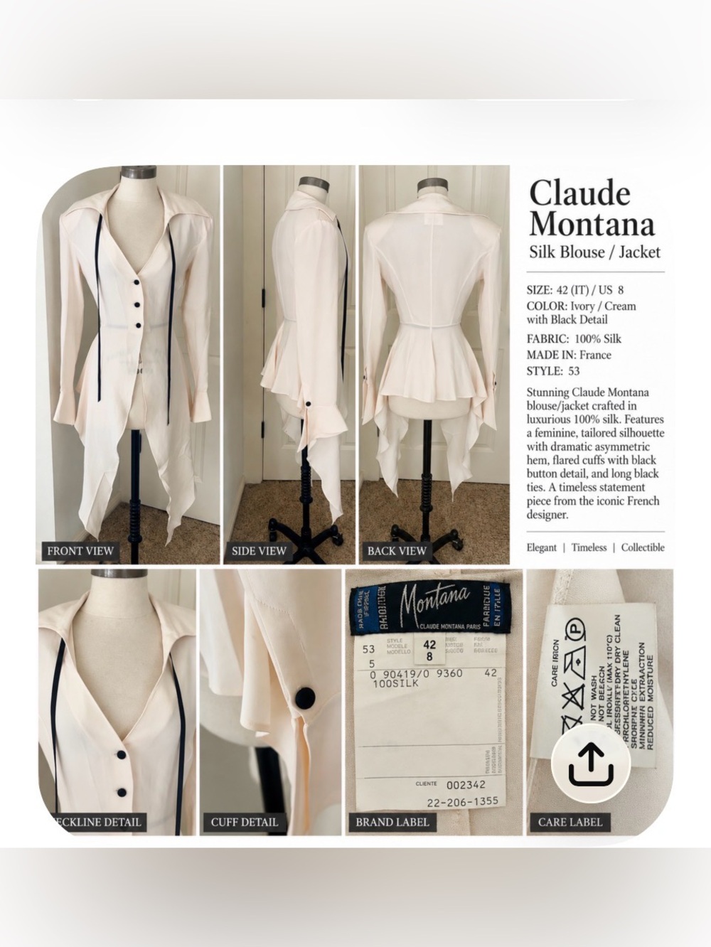 Claude Montana Ivory Silk Peplum Jacket with Black Trim very rare vintage